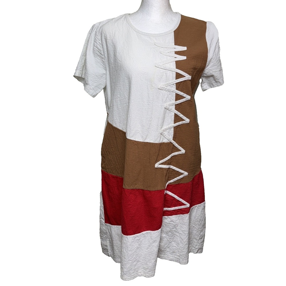 Boho‎ Patchwork Midi Dress XL Color Block Zig Zag Lagenlook Artsy Coastal Chic